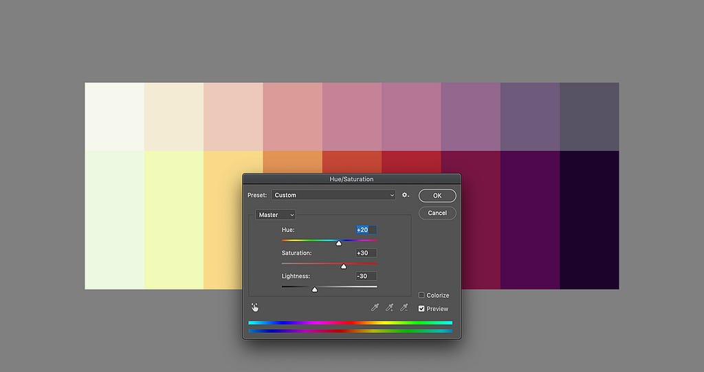 Photoshop’s hue, saturation and value dialog pop over our color palette with warm tints