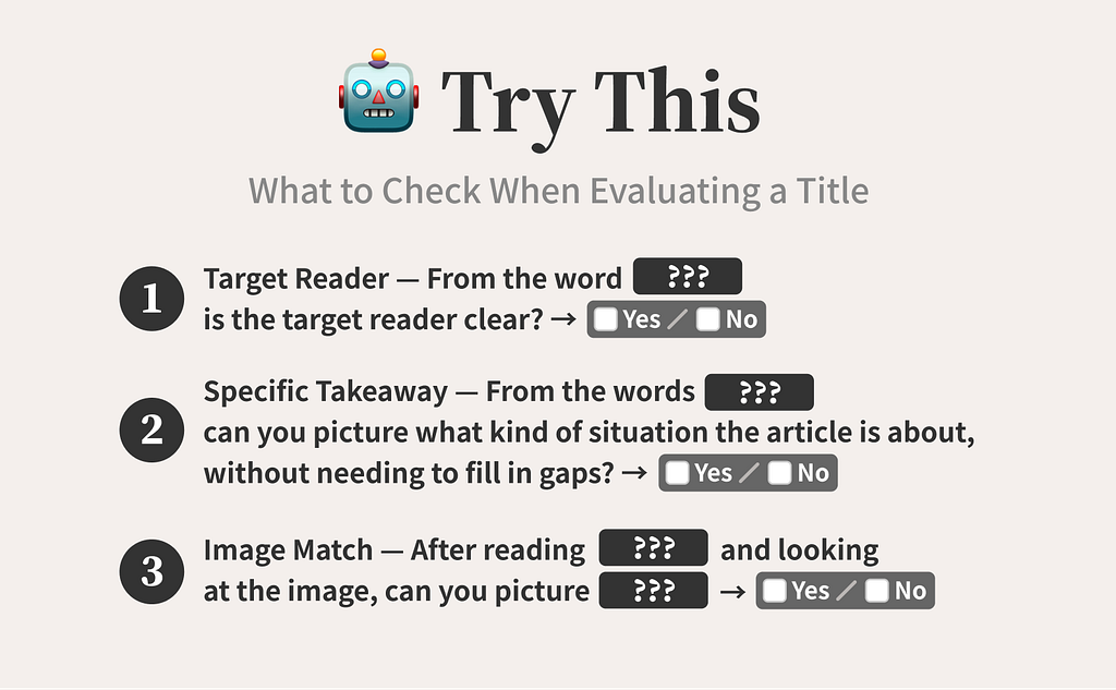 Three questions for evaluating a title: who it is for, what readers can specifically learn, and whether it matches the image.