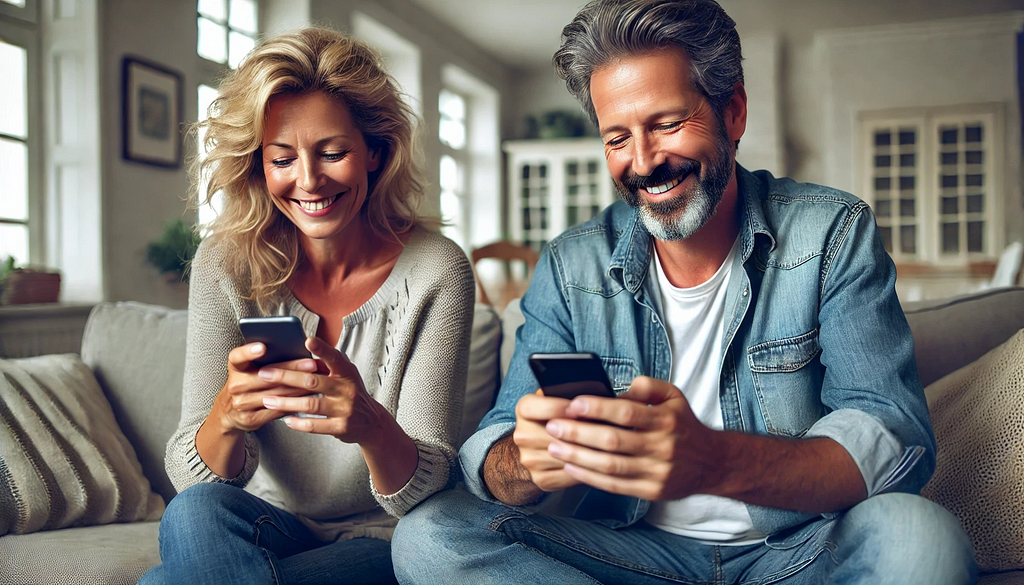 A couple in their 40s texting on their smartphones, both smiling and engaged in a lively conversation, in a cozy living room setting,