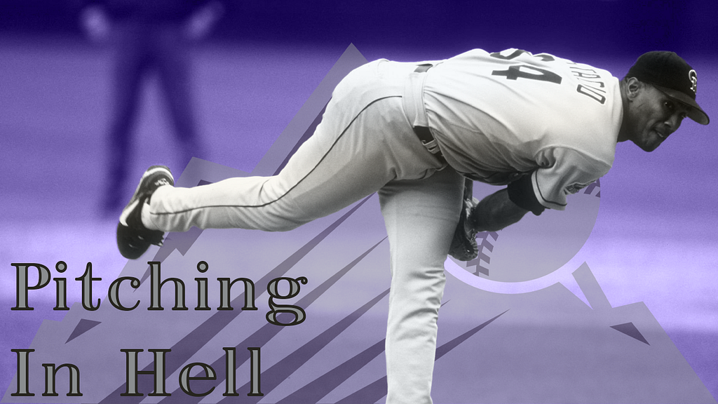 Pitching In Hell, a photo of Pedro Astacio pitching edited in the Rockies color scheme