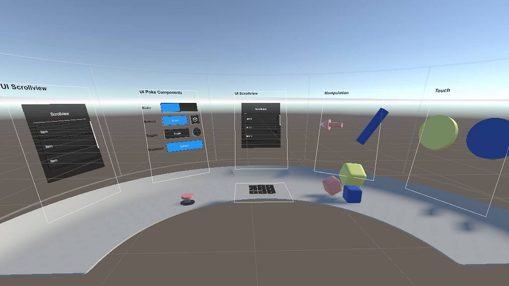 A screenshot of the XRI Demo scene with some of the ready-to-use compoents such as UI scrollview or manipulation