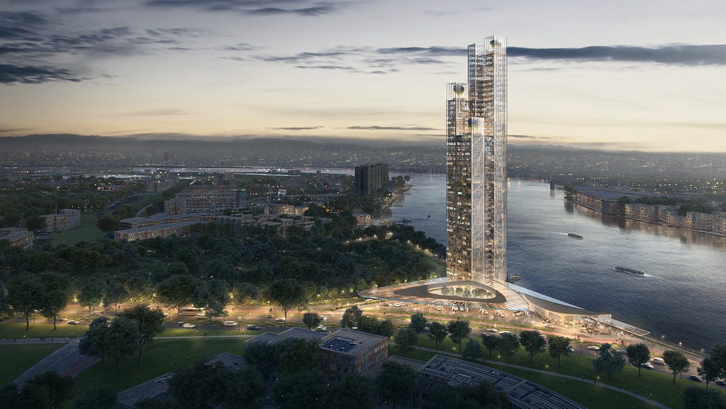 A timber skyscraper stands tall next to a river in a cityscape with pockets of greenery and other buildings.