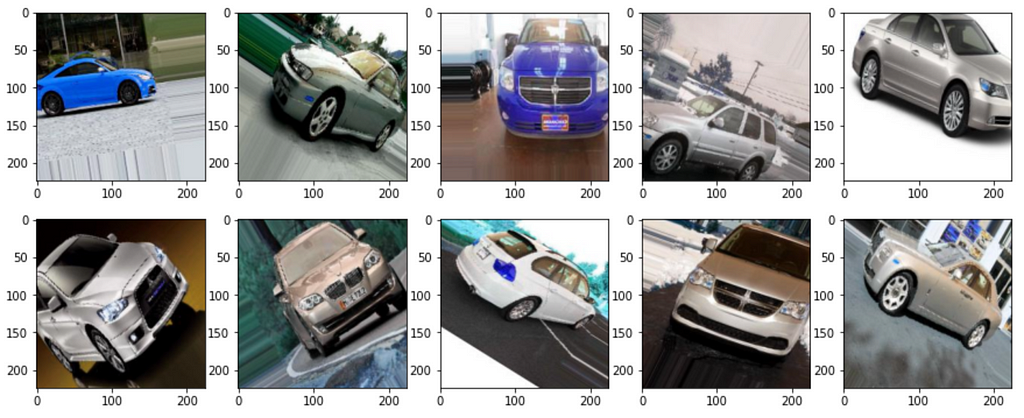 A plot of 10 car images. Each car image has been altered, such as, flipped and rotated.