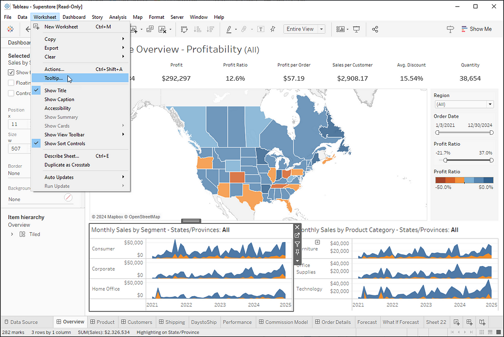 Dashboard showing the main menu selection of Worksheet > Tooltip to demonstrate tooltip access without changing sheets.