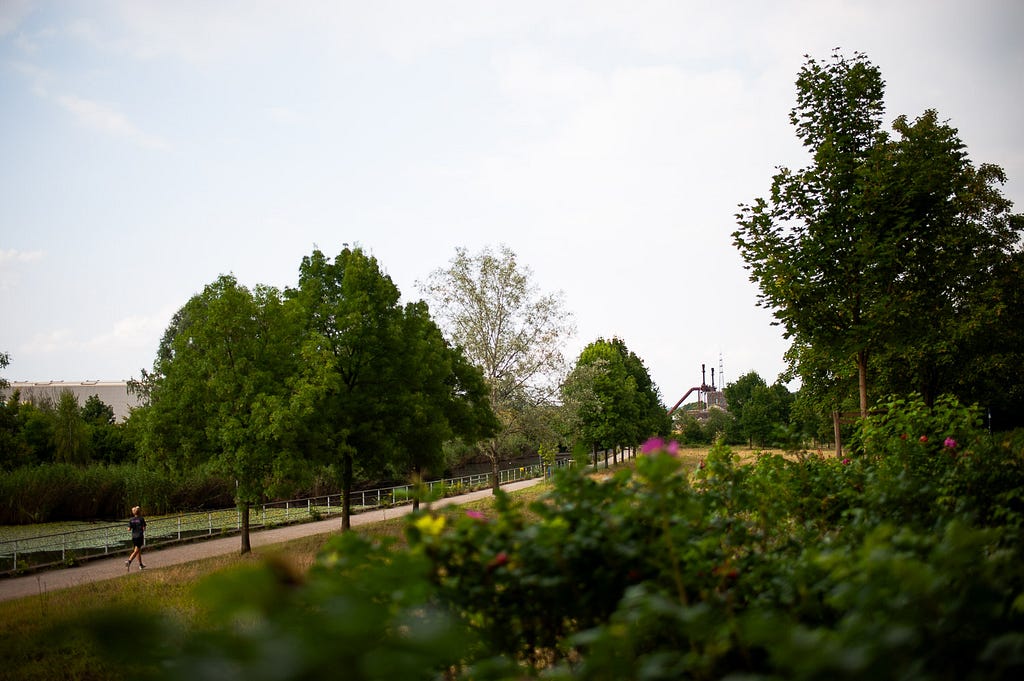 I spotted the first visualization of happiness shortly after starting my exploration of a park landscape near the former steel production site Henrichshütte: a runner passing on the path below. Hattingen, Germany, 17 July 2024.