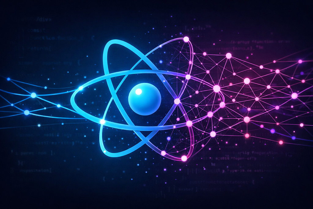 React atom logo in blue gradually morphing into a purple neural network on a dark background, symbolizing the fusion of React frontend development with AI systems.