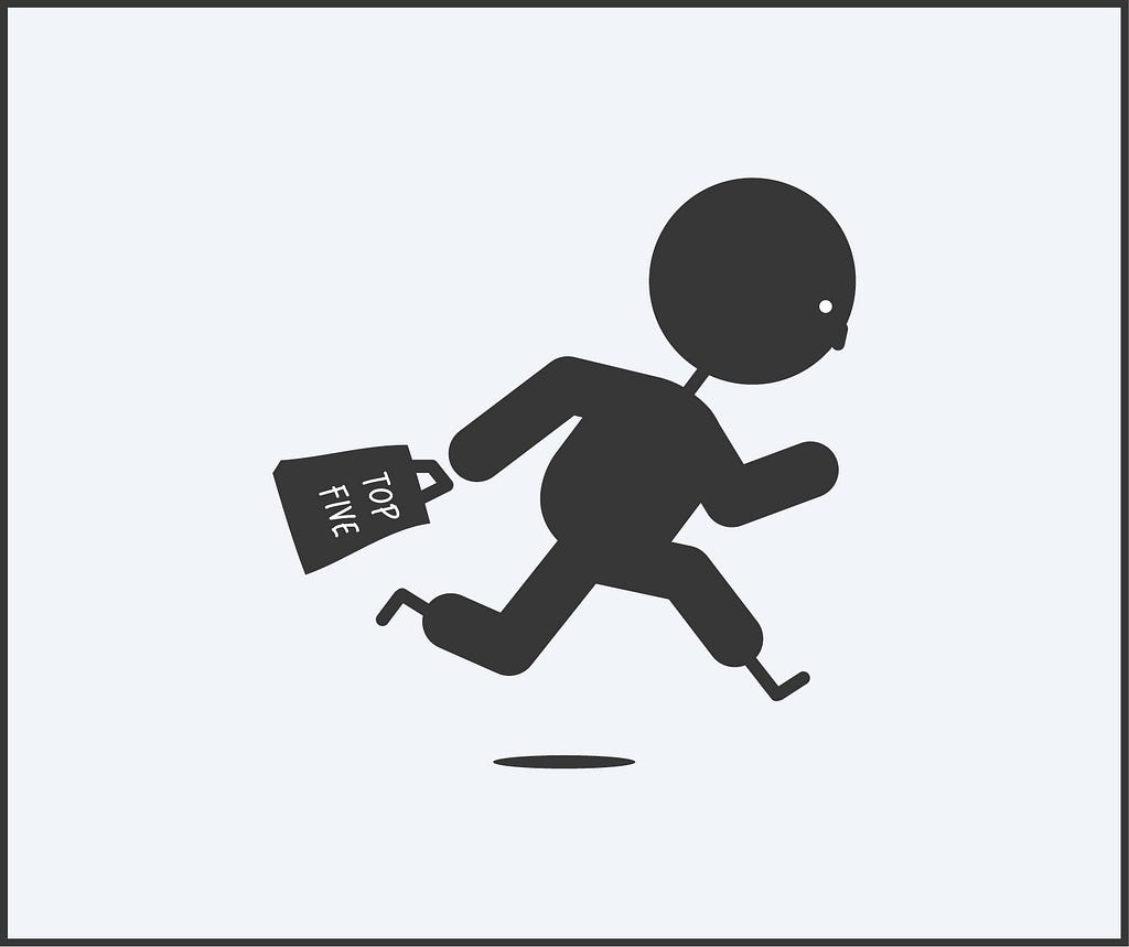 The same person in previous images is running away with a bag. On the bag is the words Top Five.