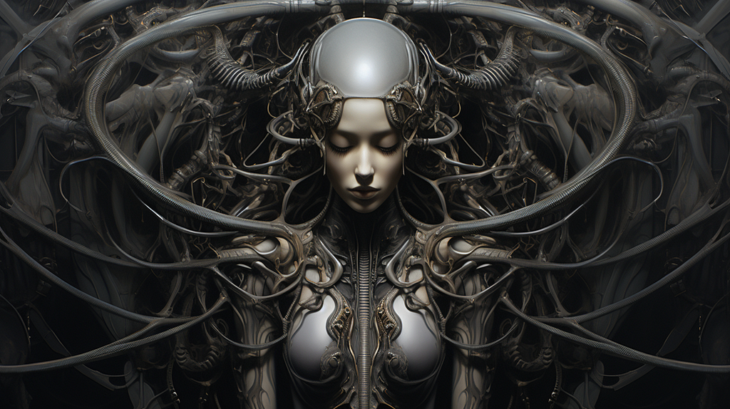 A cybernetic humanoid alien mixed with biomechanical elements in H.R. Giger Style