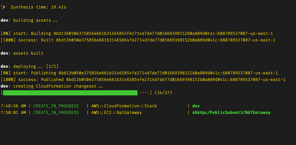 Console output from running cdk deploy