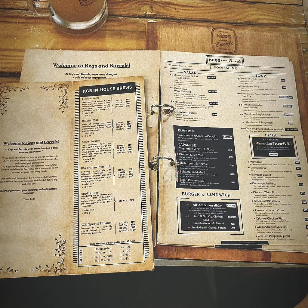 Kegs and Barrels menu documented by author….