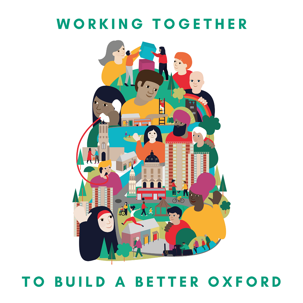 A cartoon of people helping each other all over Oxford, and the words ‘Working together to build a better Oxford’