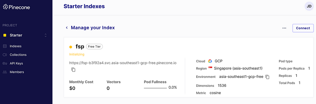 Creating an index in Pinecone