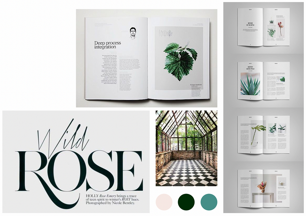 Mood board with central image of a greenhouse structure with black and white checkered floor. Other images show magazine/editorial layouts including plant images and text. There is a large text image saying ‘wild rose’ in two different fonts. There are also three colours in circles in pink and green taken from these images.
