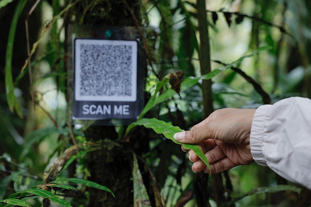 A QR code with the words “SCAN ME” hands from a tree along the walking trail.