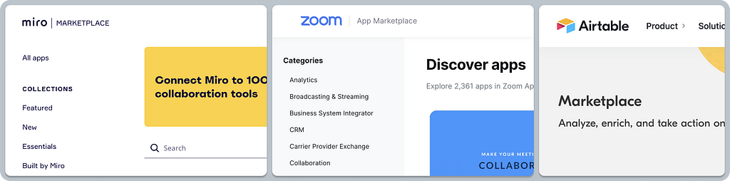 A composition of three screenshot close-ups of the “marketplace” name used by Miro, Zoom, and Airtable.