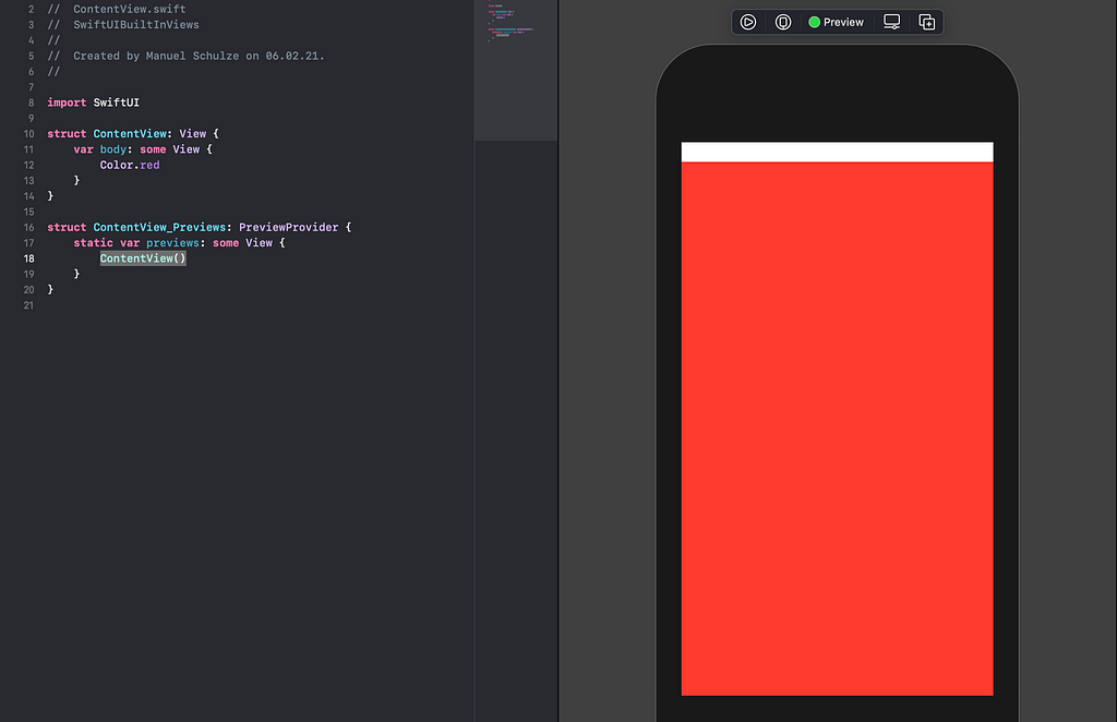 Preview of the SwiftUI Color view on the right with a red color on an iPhone screen.