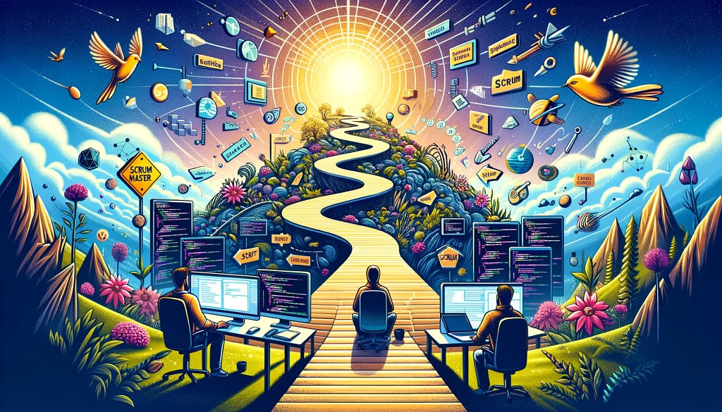 An illustration depicting the transformational journey of a tech professional to becoming a Professional Scrum Master, featuring a bridge from coding to Scrum mastery, with elements like the Scrum Guide and Agile tools.