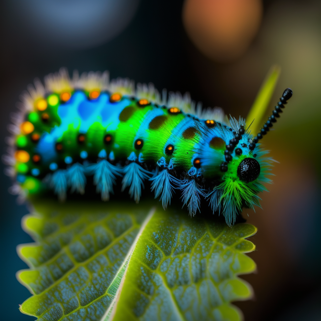 A neon caterpillar crawls on a leaf.