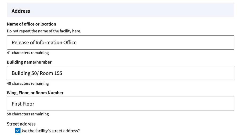 Address form with structured content fields for office name, building name, and room number.