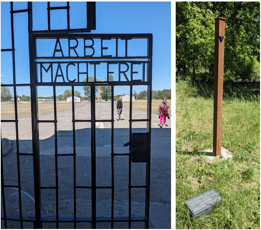 Two pictures: An iron gate featuring German words “Arbeit Macht Frei” and a rusted square post with a black triangle near the top. At the foot is a commemoration stone.
