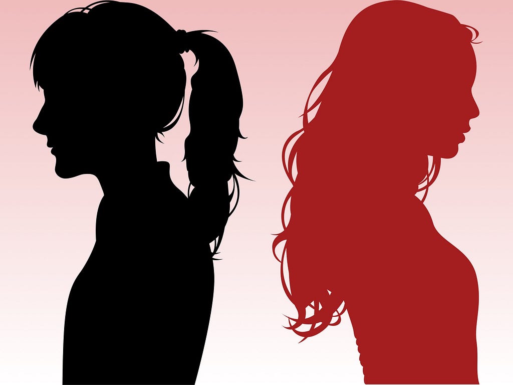 The silhouettes of two women facing away from each other. The girl on the right is red and the girl on the left is black.