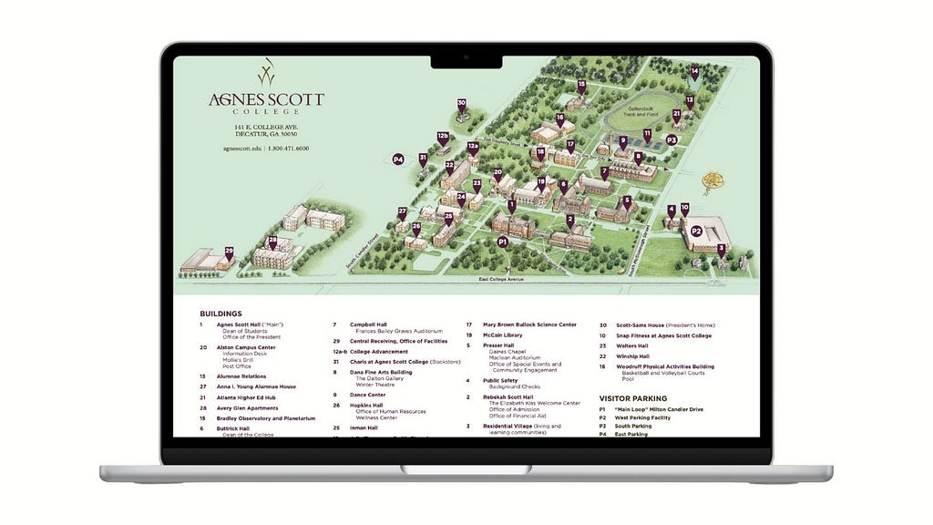 View of Agnes Scott College’s campus map on a laptop. It includes a view of campus and its buildings, along with a list of buildings below.