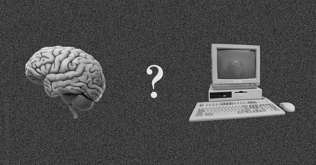 A collage showing a human brain, a computer, and a question mark between them