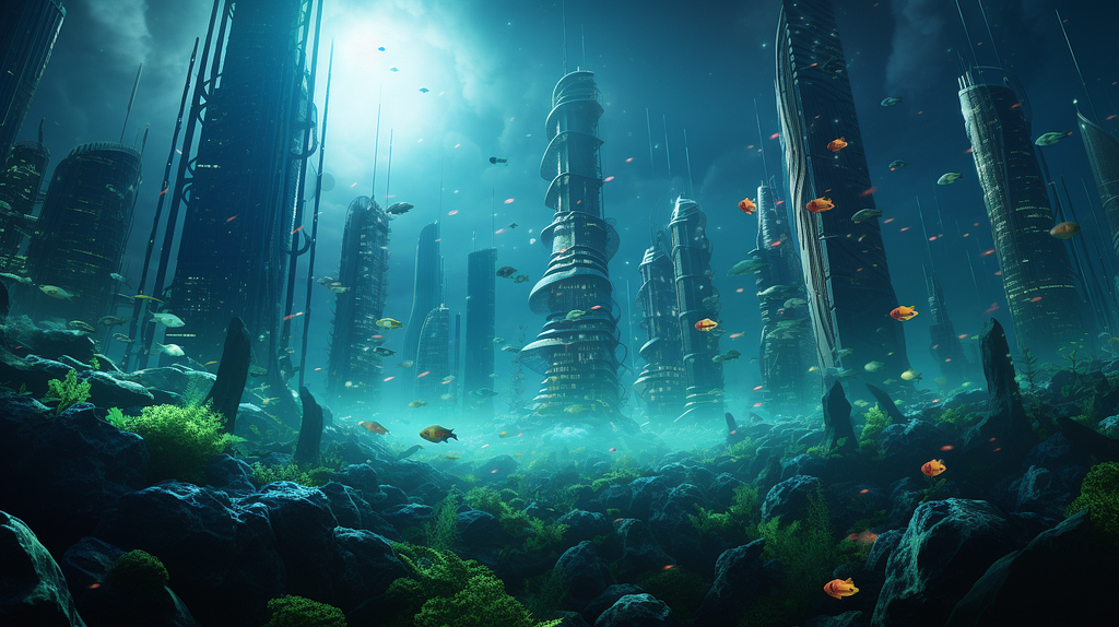 Underwater cityscape, at the bottom of the ocean, skyscrapers touching the ocean floor, wide angle view, cyberpunk, neon-lit fish, high angle, photorealistic 4k, Nikon D810 — ar 16:9