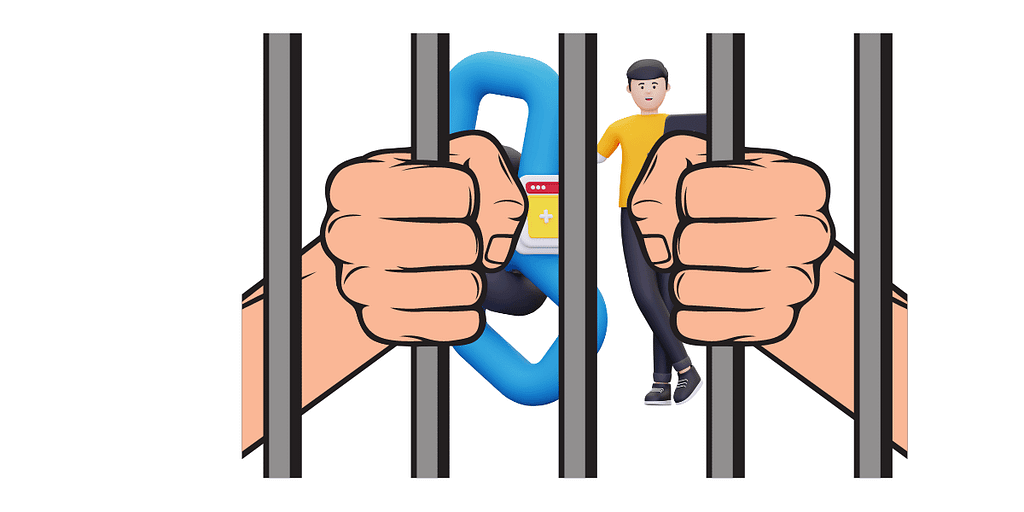 image of hands on bars with man standing behind with a link and laptop