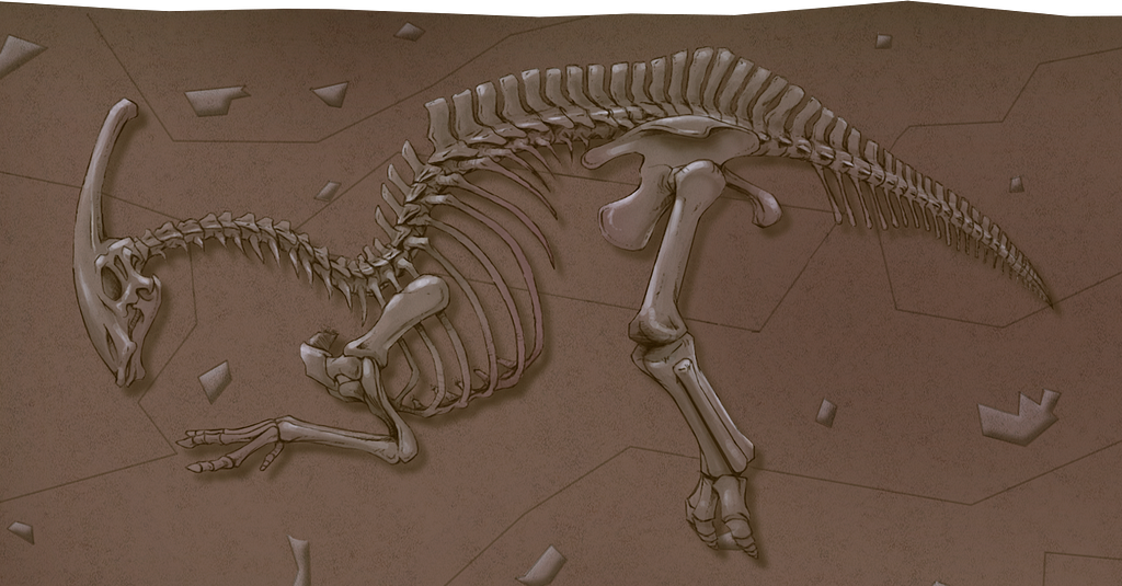 A cartoon of a parasaurolophus skeleton buried in the ground