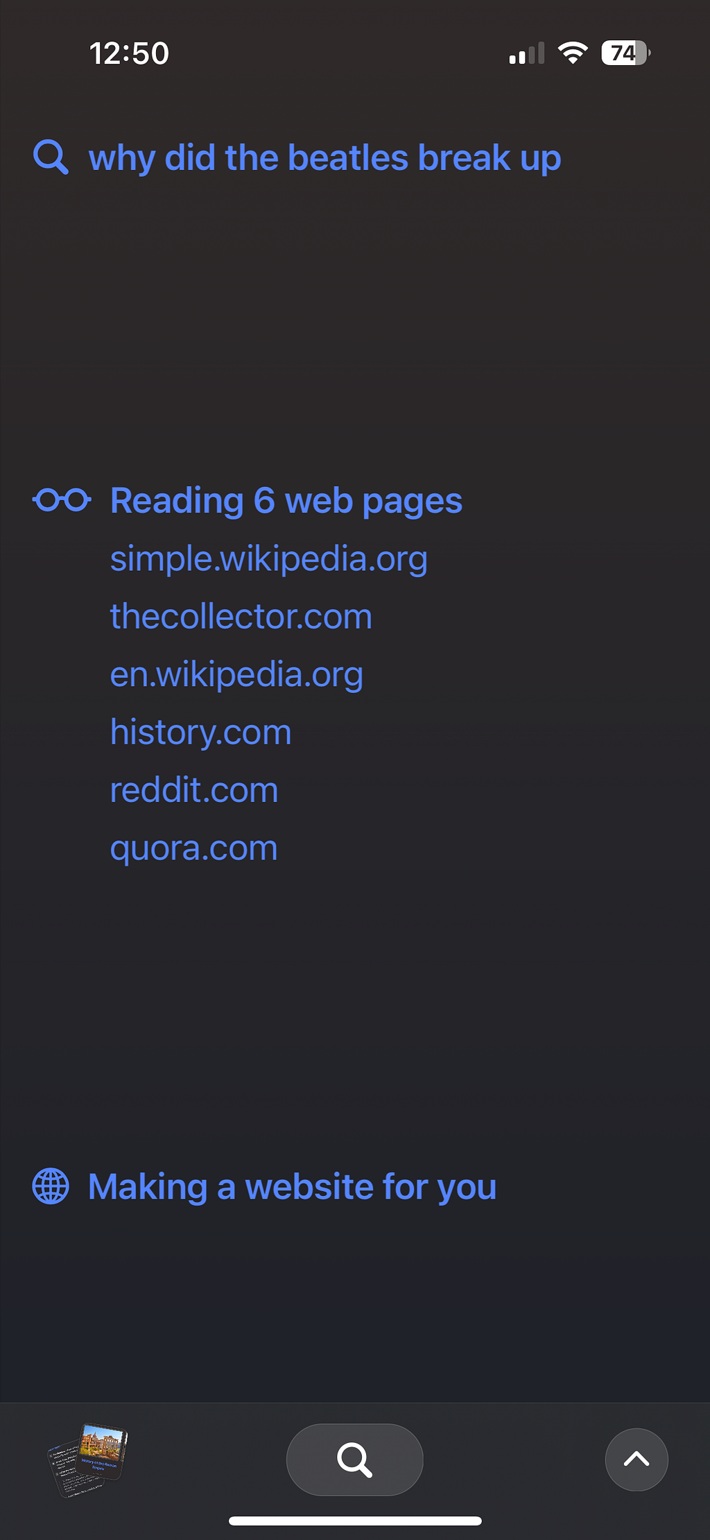 The loading screen for the Arc Search app — shows three sections (the customer’s search, the webpages its reading, and an announcement tha it’s making a website).