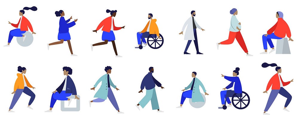 Ilustração com 14 pessoas em movimento de diferentes etnias. Imagem de https://www.humaaans.com/