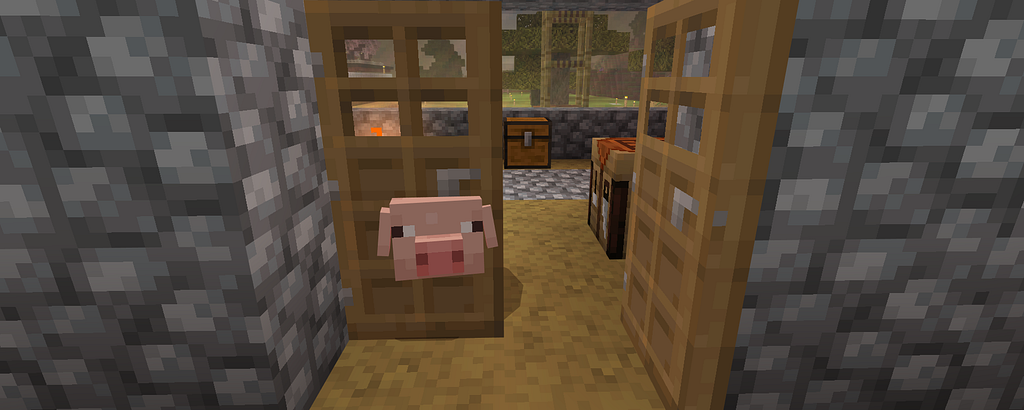 A basic Minecraft build with wood, scaffolding, and simple materials, set against a grassy hillside under a blue sky.