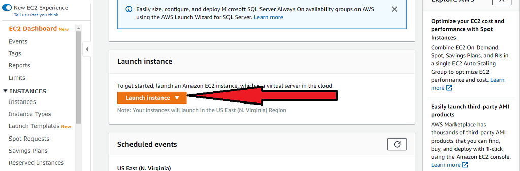 Screenshot from AWS’s EC2 service interface, with a red arrow pointing to the Launch Instance Button