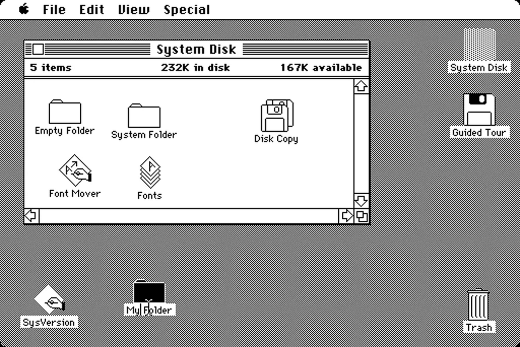 The original Macintosh System 1 desktop showing folders, windows and a trash can — analgies for real world office spaces