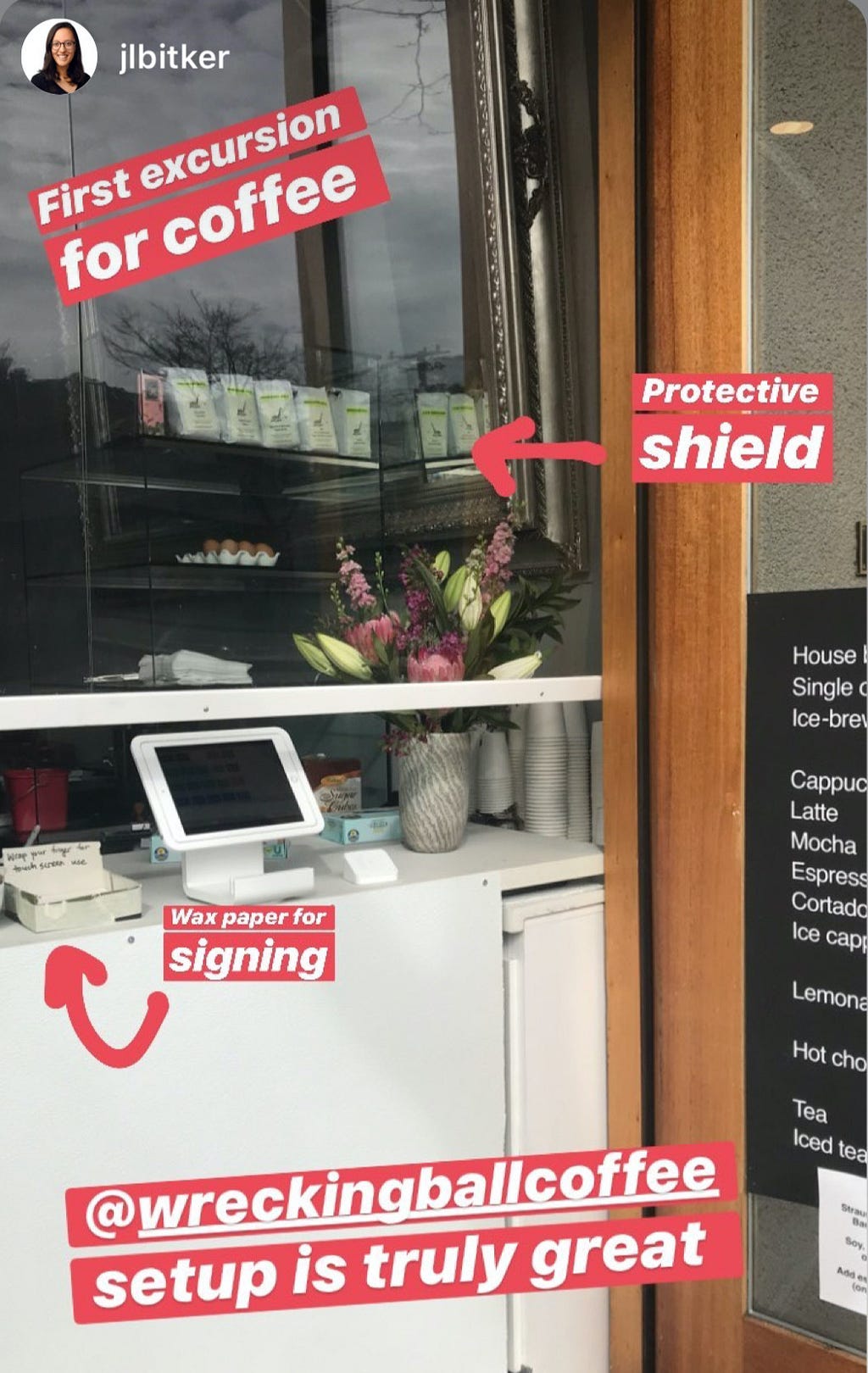 Instagram post that indicates “protective shield” and “wax paper for signing” and “wrecking ball coffee setup is truly great