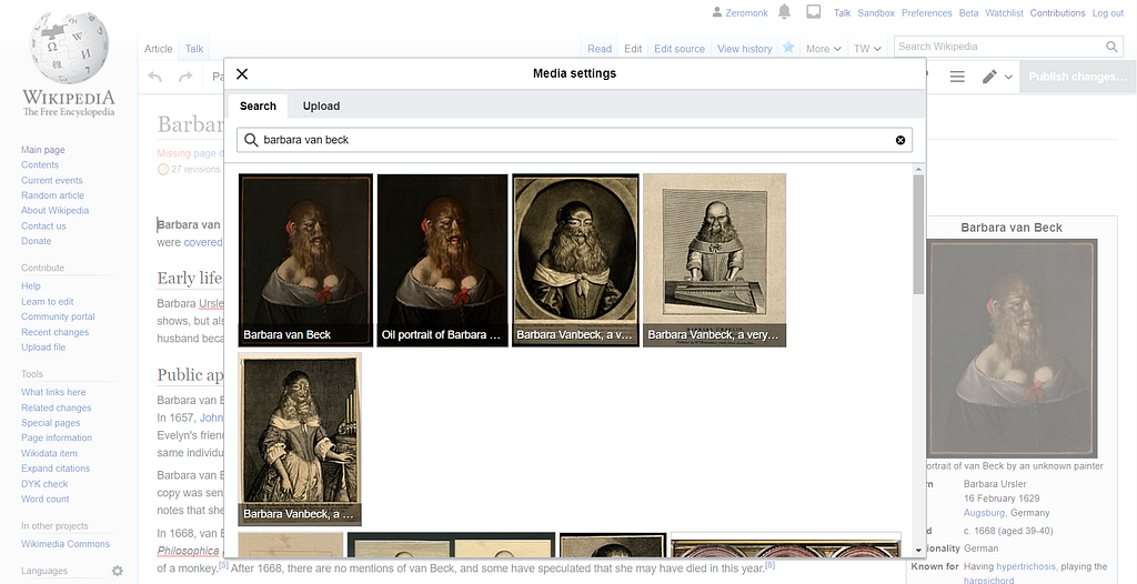 Screengrab showing the Media settings box on Wikipedia’s visual editor. In the search box is a search for Barbara van Beck and below are the results showing several images of this woman uploaded by Wellcome Collection.