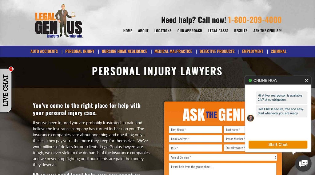 Screenshot of a law firm landing page with too many popups and visual noise.