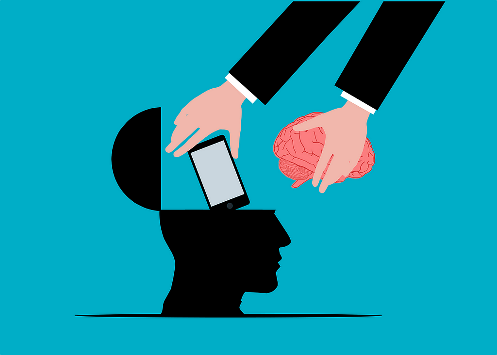 Cartoon hands reaching into a silhouette head and replacing a brain with a smart phone.