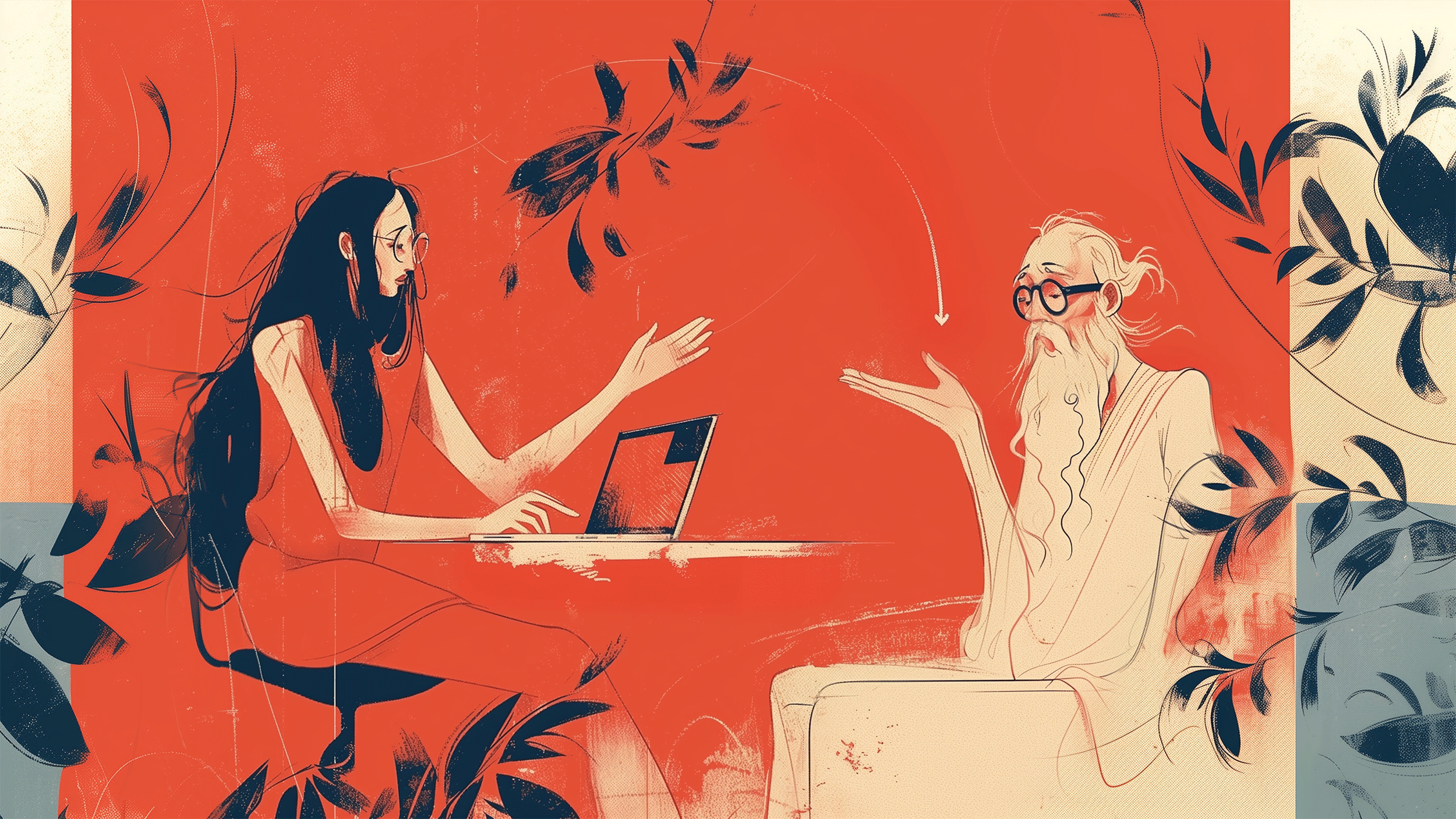 A young woman with a laptop discussing with an older, bearded figure, separated by a swirl of leaves on a red background. Illustration in the style of greek era.