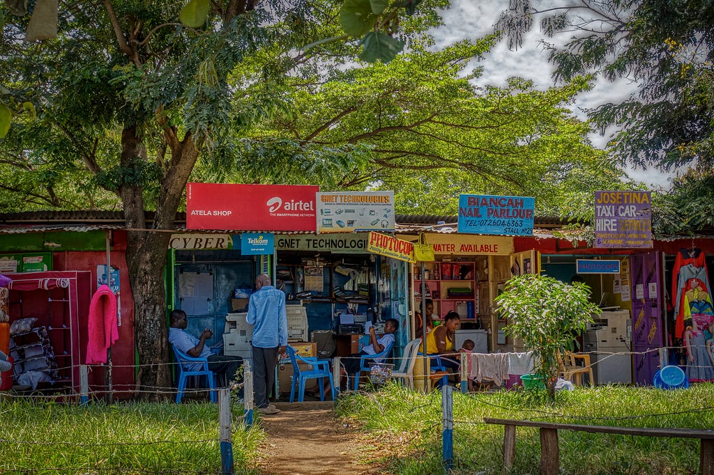 Colorful rustic kiosks.