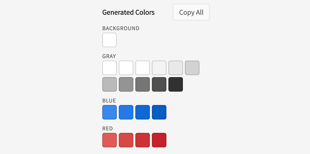 Rows of labeled colors including one called Background. Heading “Generated colors” with button labeled “copy all”.
