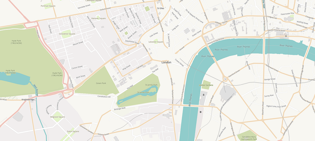 Cartography with more mellow colors applied to OpenHistoricalMap data, map focused on London, UK.