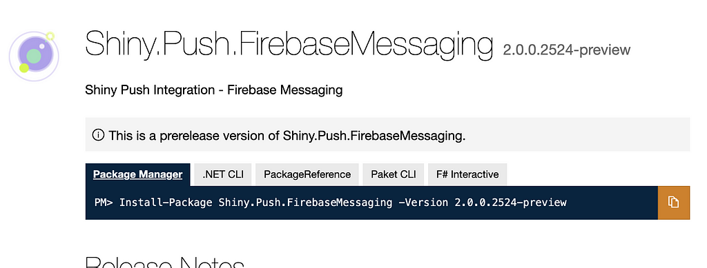 Nuget.org page showing the Shiny.Push.FirebaseMessaging package