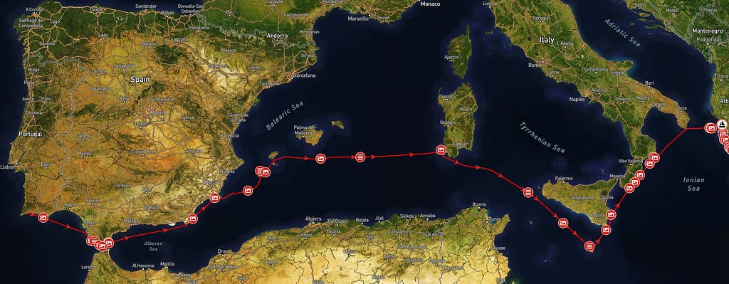 The route followed by the author from Portugal to Greece across the Mediterranean.