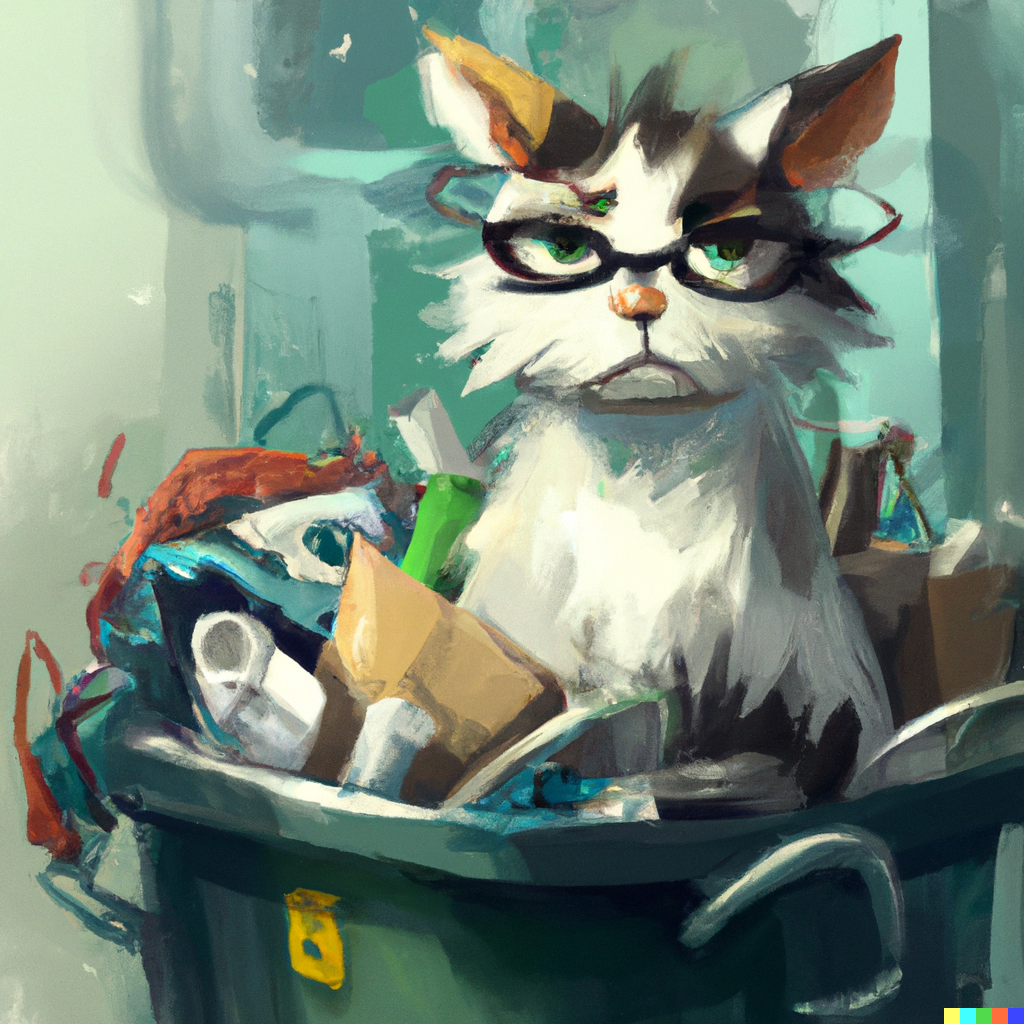An annoyed cat scientist sitting in a trash bin full of trash