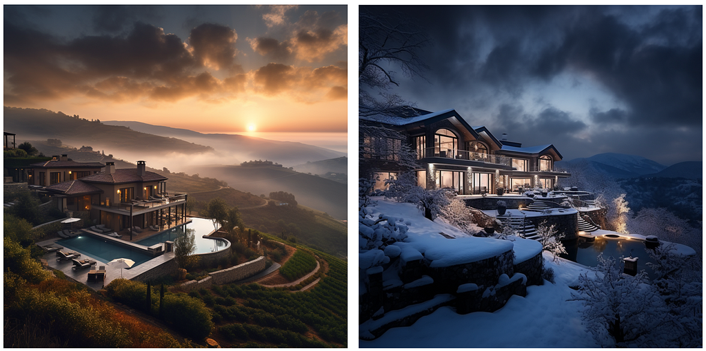 Difference between photos of a luxurious villa in a valley, clicked during the golden hour, with thin mist and the blue hour in snowstorm (generated by Midjourney)