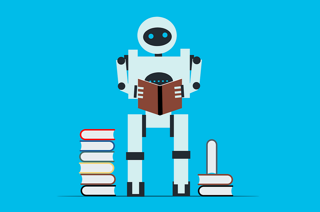 cartoon image of a robot holding an open book and standing next to a stack of books