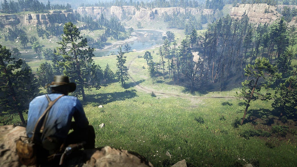 Arthur looking down at the greenery from a hilltop