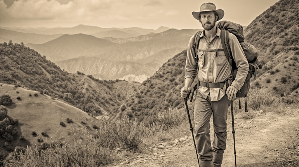 A man in his early 30s, actively hiking on a trail with a backdrop of the Wild West landscape. He’s wearing a hiking hat, dirty hiking clothes, and carries a big hiking backpack. He is using trekking poles as well.